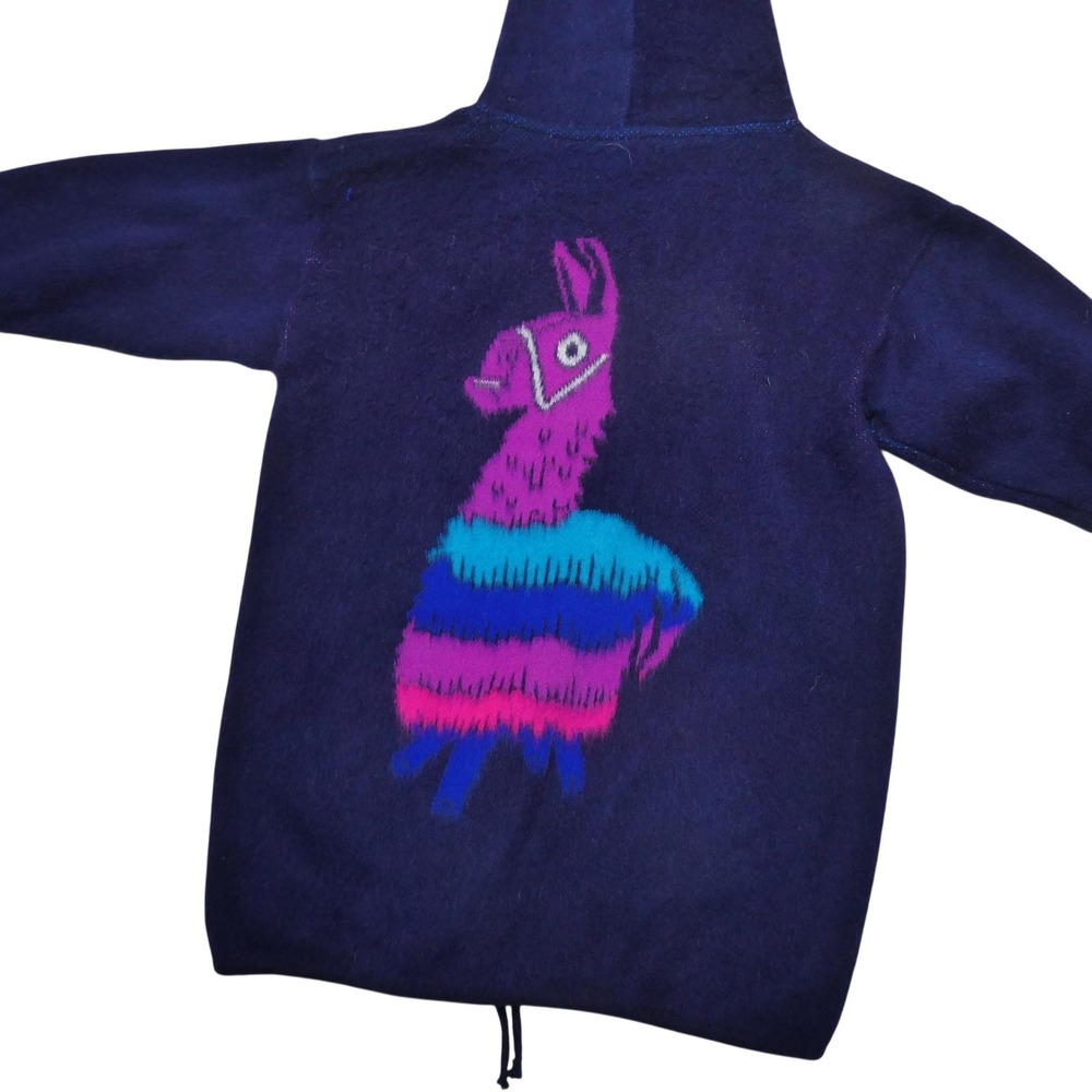 Blue Footed Design Jacket Kids 10 Blue Wool Hooded Llama Zip Handmade Ecuador